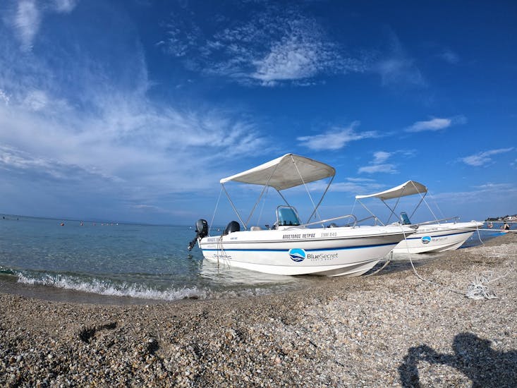 Two boats on the shore before the start of the Boat Rental in Halkidiki (up to 5 people) without License.