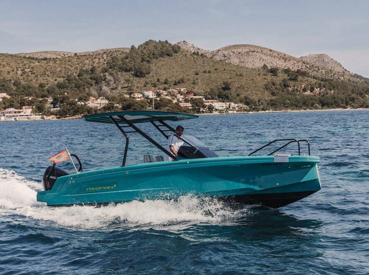 The Axopar 22 Jobe Revolve model during a Boat Rental in Alcúdia (up to 7 people) from Quest Heroes Alcúdia.