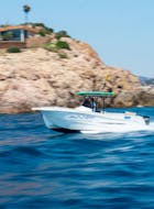 White Private Boat Tour being driven in the beautiful mediterrean sea from Platja D'Aro with Skipper - North from AMP Charters Platja d'Aro.