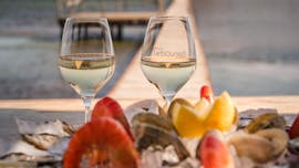 Huîtres et vin blanc pendant la balade en bateau semi rigide aux parcs à huîtres avec dégustation avec Midi Cap Thau.