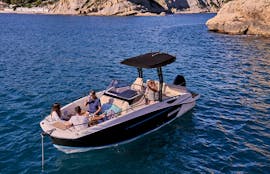 our Boat in the waters of Costa Brava in our Boat Rental in Platja d'Aro with Licence (for up to 10 people) from Costa Brava Rent Boat.