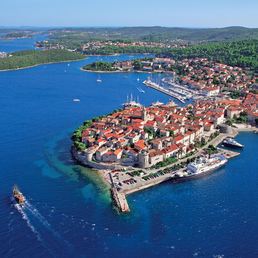 Aerial image of Korčula town, explorable during a day trip to Korčula with Wine Tasting from Select Dubrovnik.