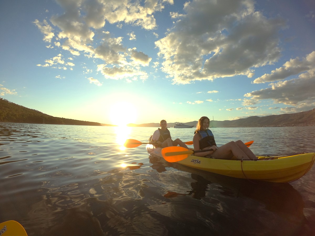 Here you can see two people during their Sunset Sea Kayak Tour around Marjan Forest Park in Split with Snorkeling with Given2Fly Adventures Split.