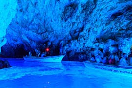 Group of people visiting the Blue Cave in Croatia with Afitaf Bol Brac.