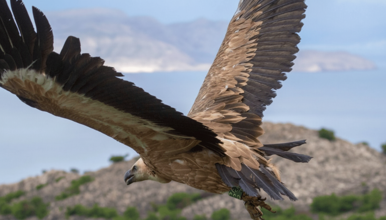 A majestic griffon vulture soars through the sky during the Discover Island Plavnik with a Pirate Ship ALL INCLUSIVE !! tour by M/B Kosljun Punat.