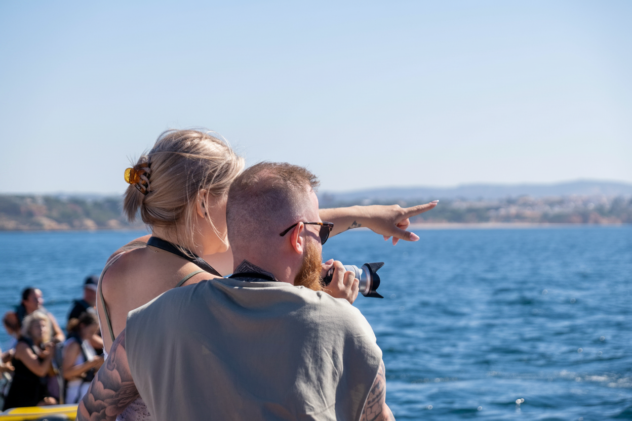 Ein Paar unternimmt eine Delfin- und Höhlen-Seekreuzfahrt ab Vilamoura Ein Mann mit einer Kamera und eine Frau, die auf die Küste zeigt, genießen die Aussicht von einem Boot aus während der Vilamoura: Delfine und Höhlen-Meereskreuzfahrt mit AlgarExperience.