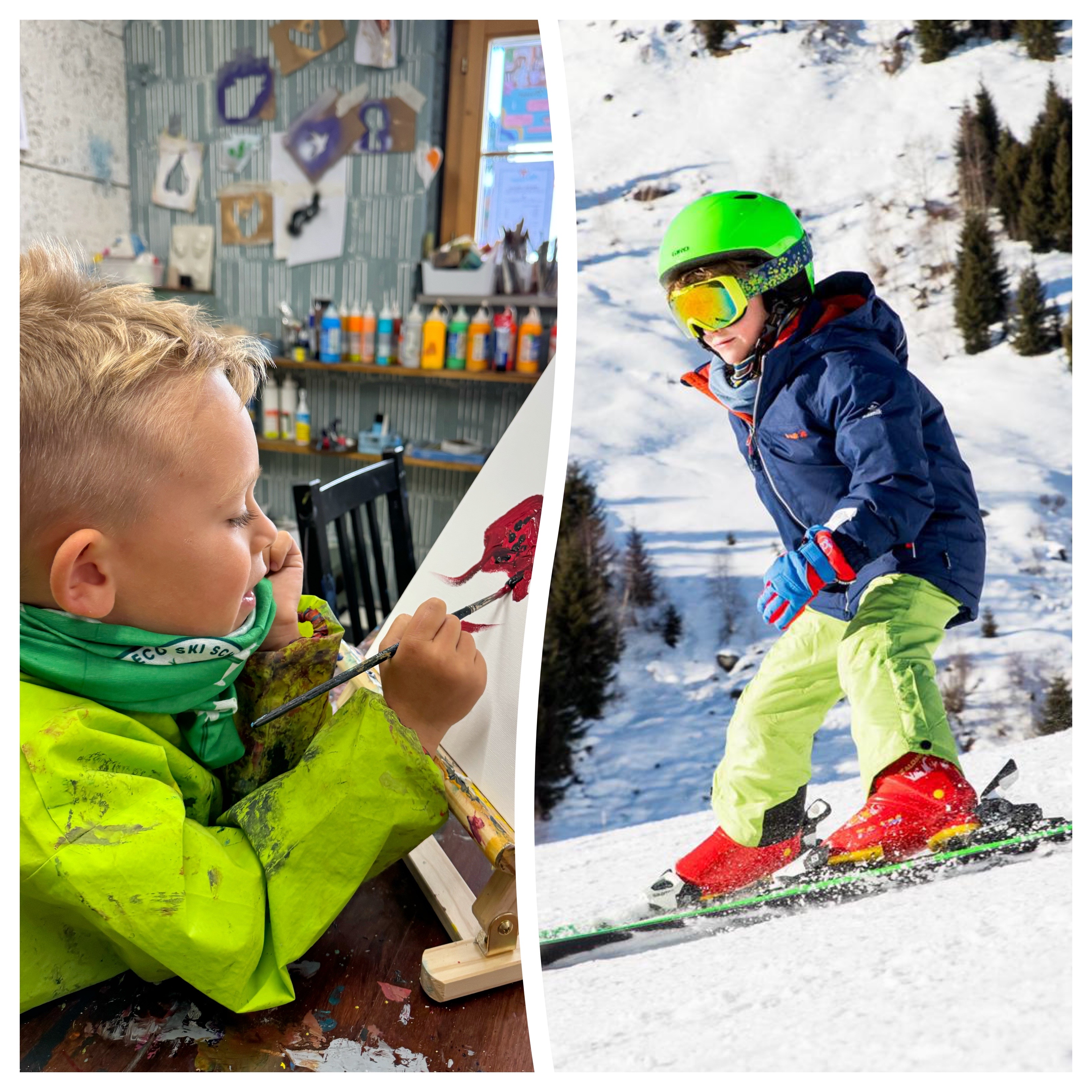 Clases particulares de esquí para niños (a partir de 4 años) de todos los niveles con clase de dibujo con Eco Ski School Andermatt.