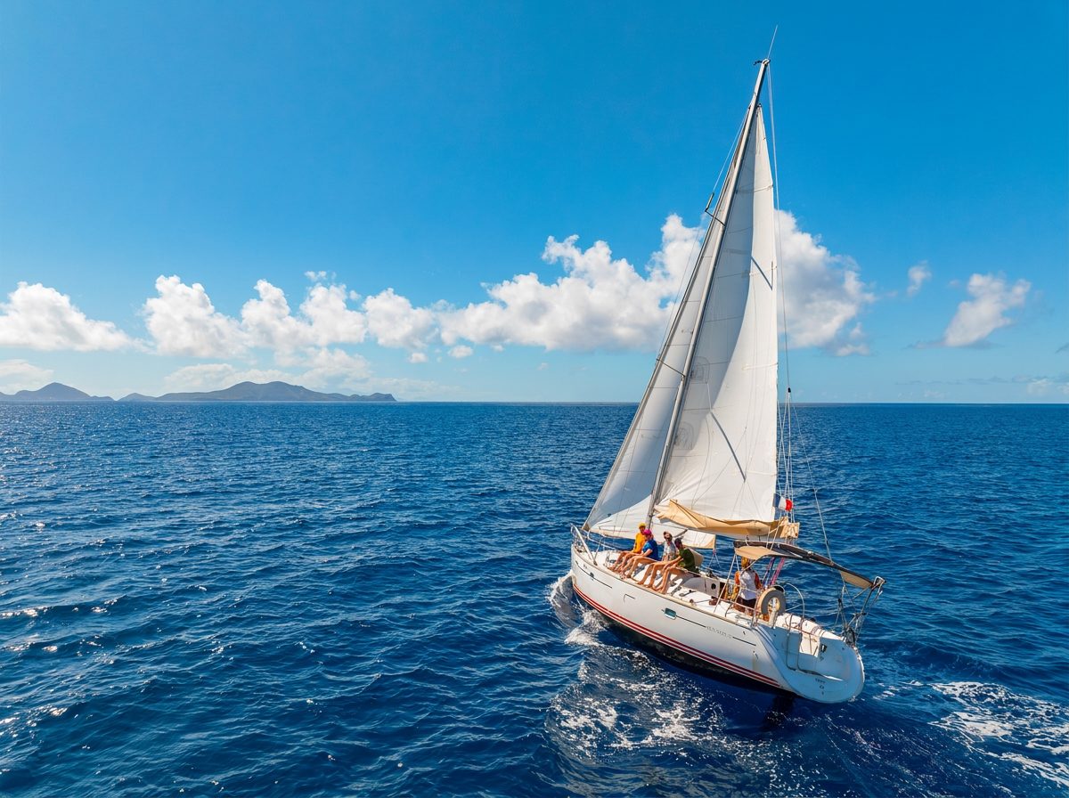 Zeilboottocht naar Les Saintes met Reve de Nav' Croisière Een groep passagiers ontspant op het dek terwijl een witte zeilboot over de diepblauwe zee glijdt tijdens een zeiltocht naar Les Saintes met snorkelen en lunch, verzorgd door Reve de Nav' Croisière.