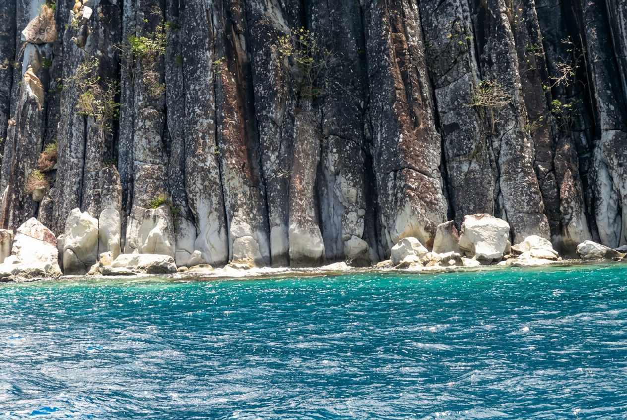 Schilderachtige kustkliffen tijdens een zeiltocht naar Les Saintes. Tijdens een zeiltocht naar Les Saintes, inclusief snorkelen en lunch, rijzen dramatische rotskliffen boven het sprankelende turquoise water uit, verzorgd door Reve de Nav' Croisière.