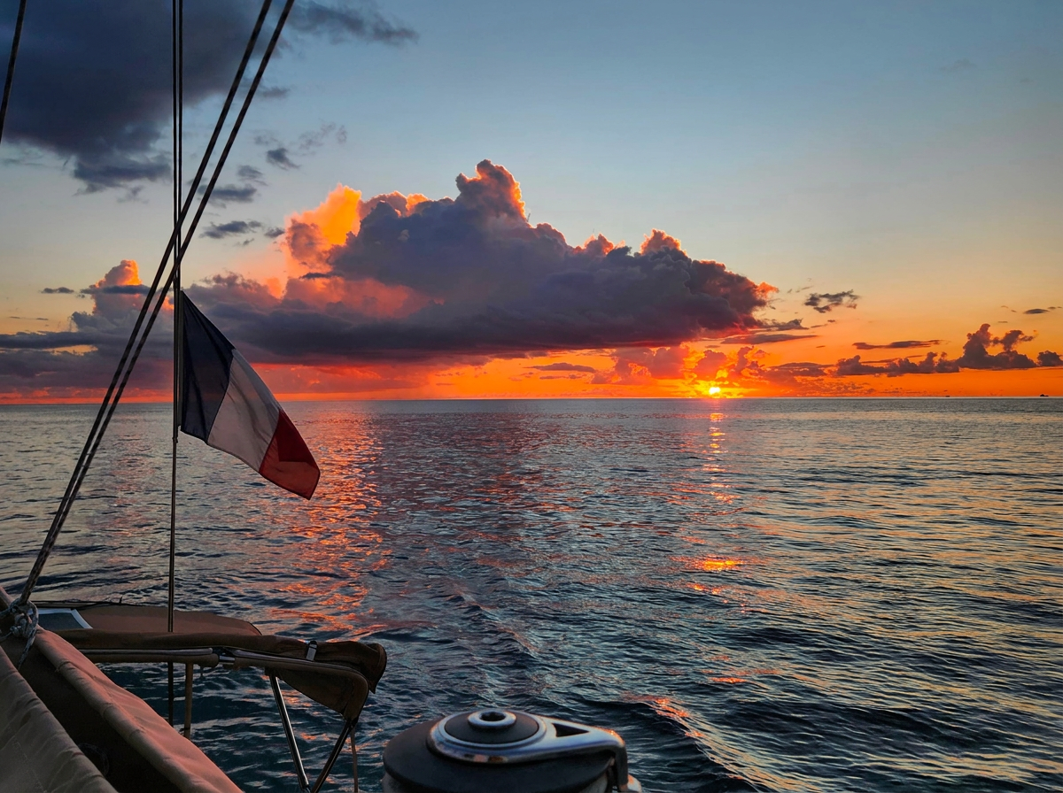 Ein leuchtender Sonnenuntergang erstrahlt über dem ruhigen Ozean, wie man ihn vom Deck eines Katamarans während eines Segeltörns nach Les Saintes mit Reve de Nav' Croisière beobachten kann.