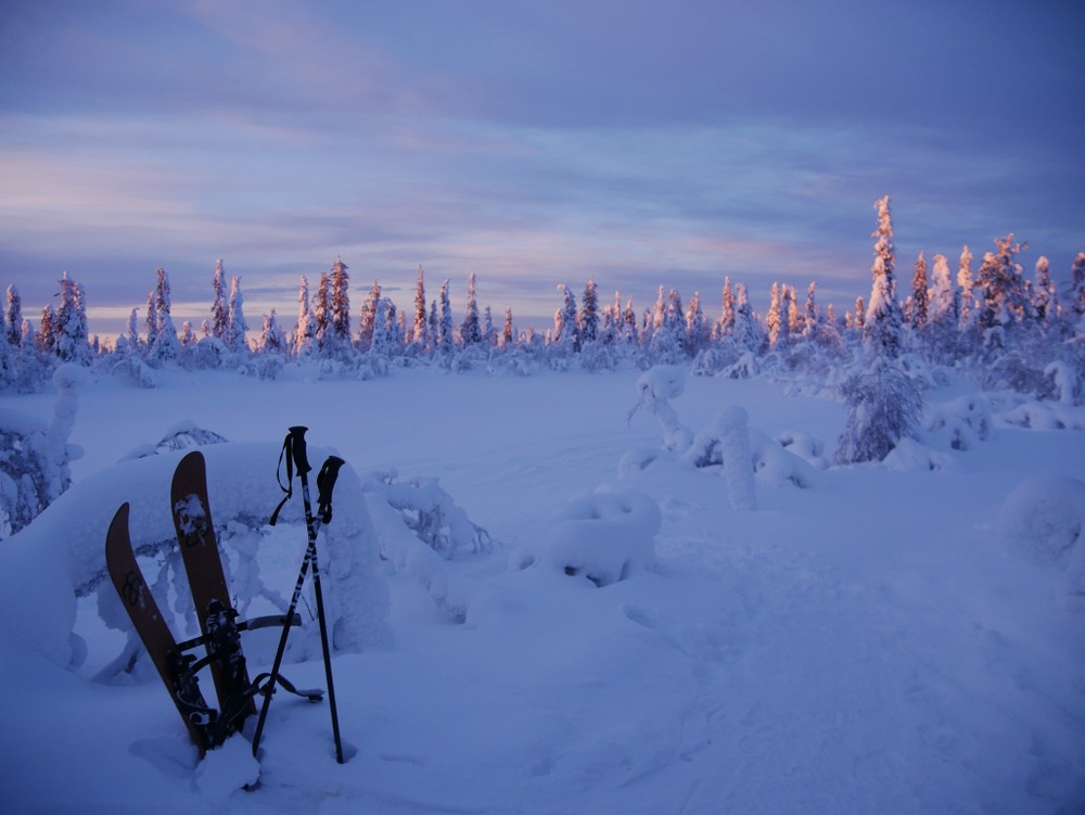 Ski de randonnée dans l'Altaï à Ivalo avec lac gelé et forêt boréale avec Primitif Aventure Ivalo.