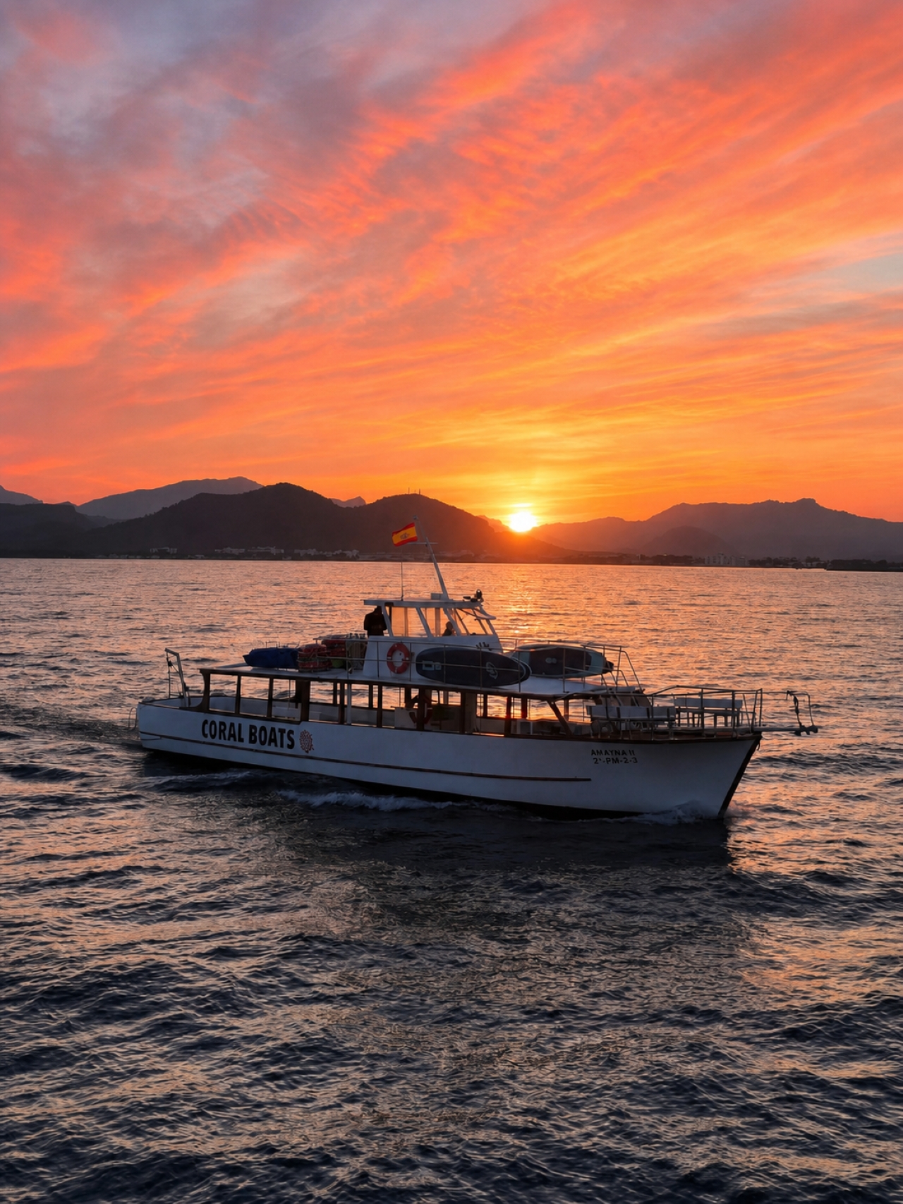 Boottocht bij zonsondergang in de baai van Alcúdia met tapas, drankjes en zwemstop met Coral Boats Mallorca.