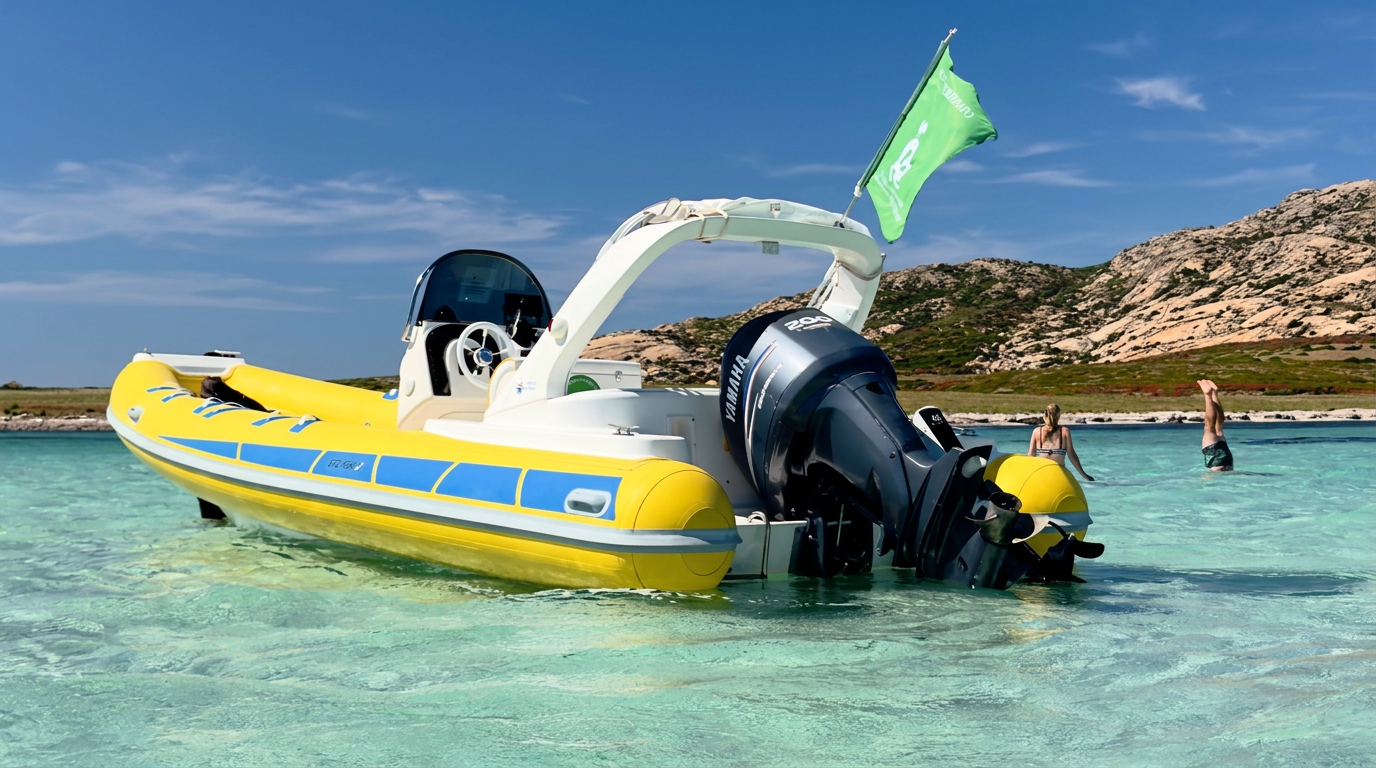 Rubber dinghy tour in turquoise waters with Sottovento Escursioni A yellow rubber dinghy rests in crystal-clear turquoise waters during a half-day rubber dinghy tour from Stintino to Asinara and La Pelosa with Sottovento Escursioni Asinara.