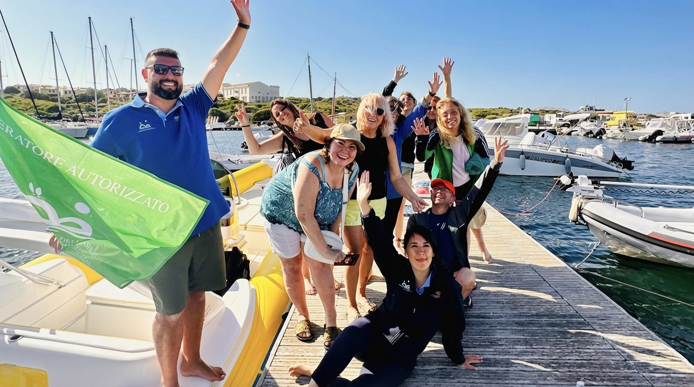 Een vrolijke groep reizigers en hun gids zwaaien vanaf een houten steiger naast een boot tijdens een rubberboottocht van een halve dag van Stintino naar Asinara en La Pelosa met Sottovento Escursioni Asinara.