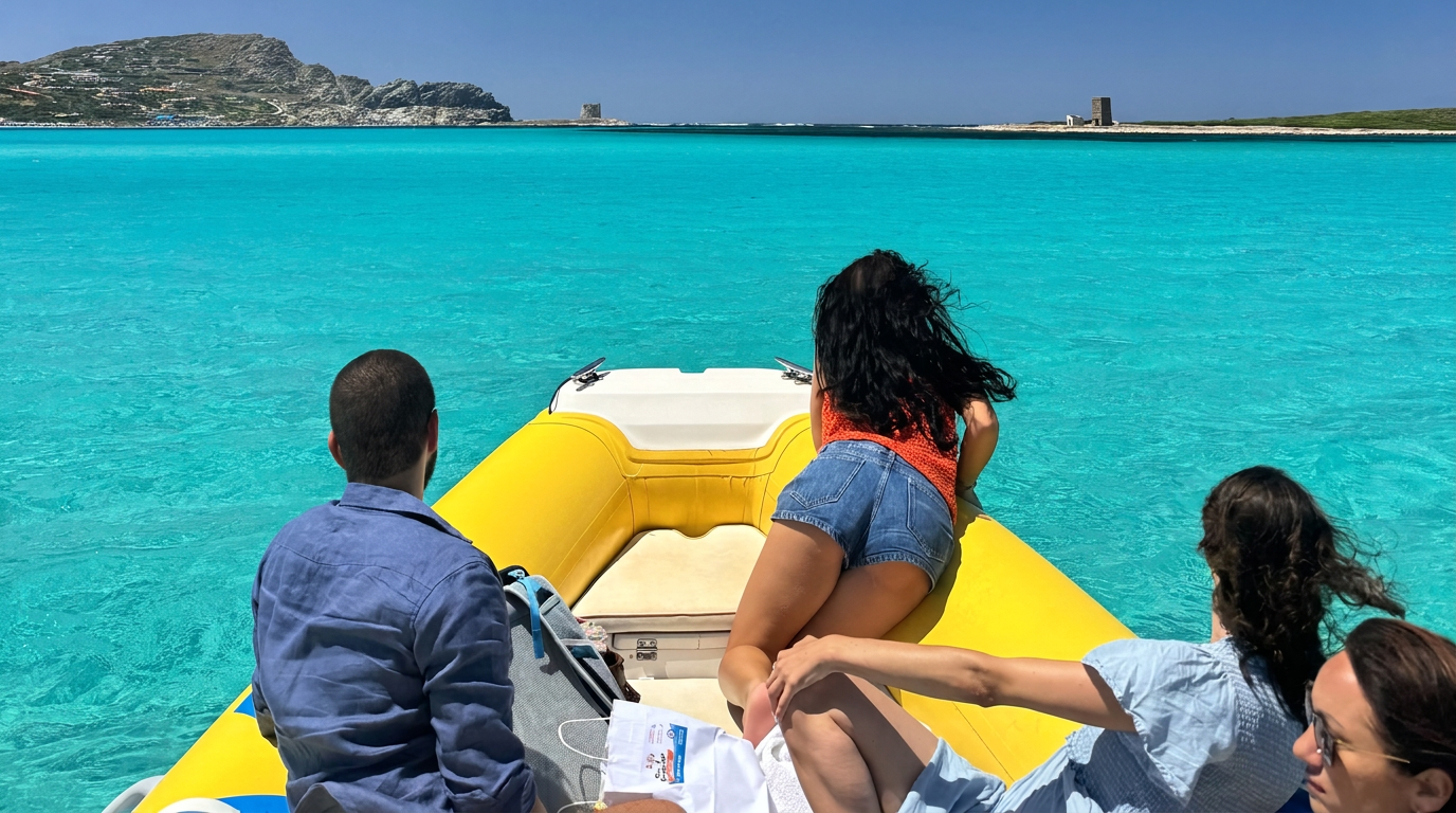 Private dinghy tour to La Pelosa with Sottovento Escursioni Passengers admire the turquoise waters from a yellow dinghy near La Pelosa during a half-day private rubber dinghy tour with Sottovento Escursioni Asinara.