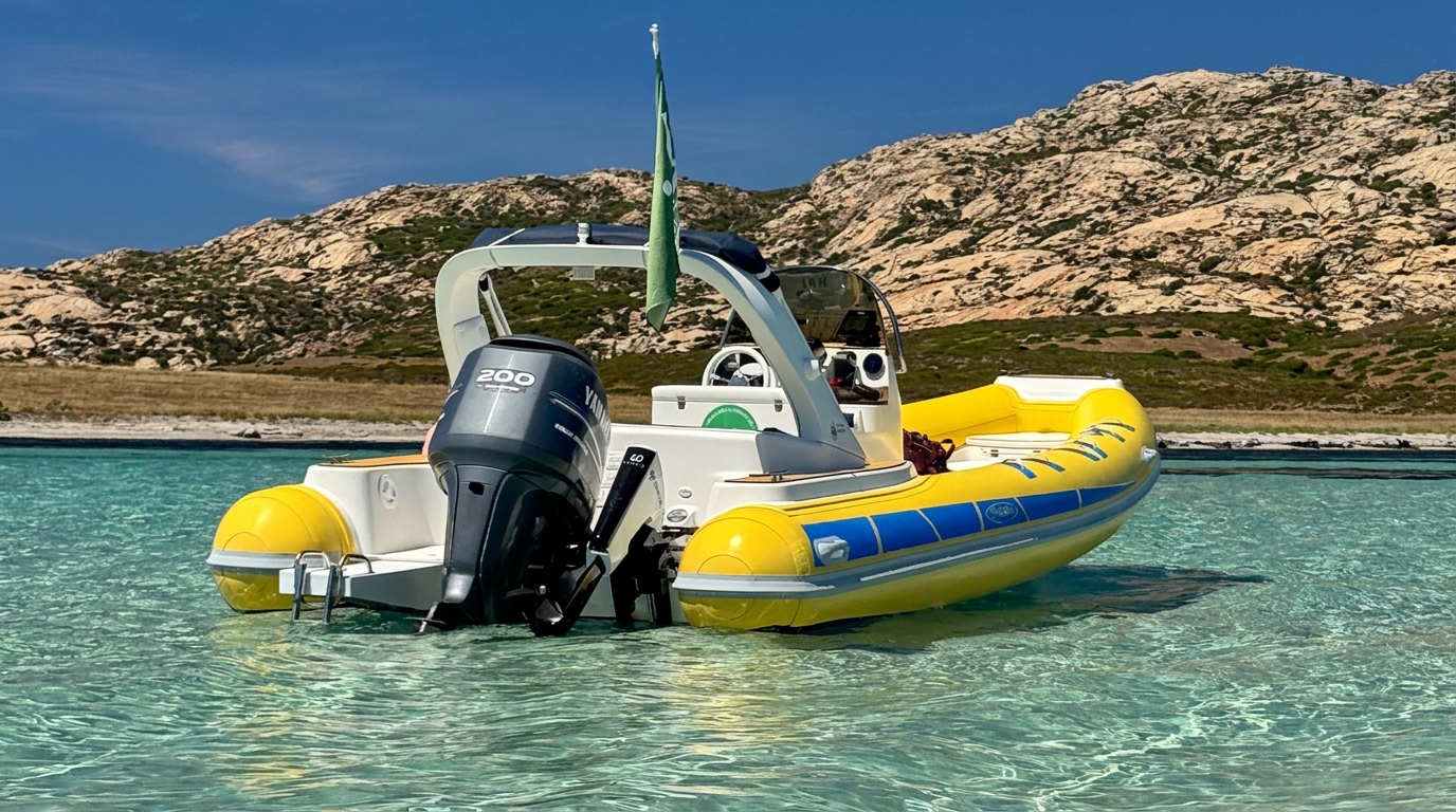 Escursione privata in gommone nel Parco Nazionale dell'Asinara. Un gommone giallo ancorato nelle acque cristalline color turchese durante un tour privato del Parco Nazionale dell'Asinara e di La Pelosa con Sottovento Escursioni Asinara.