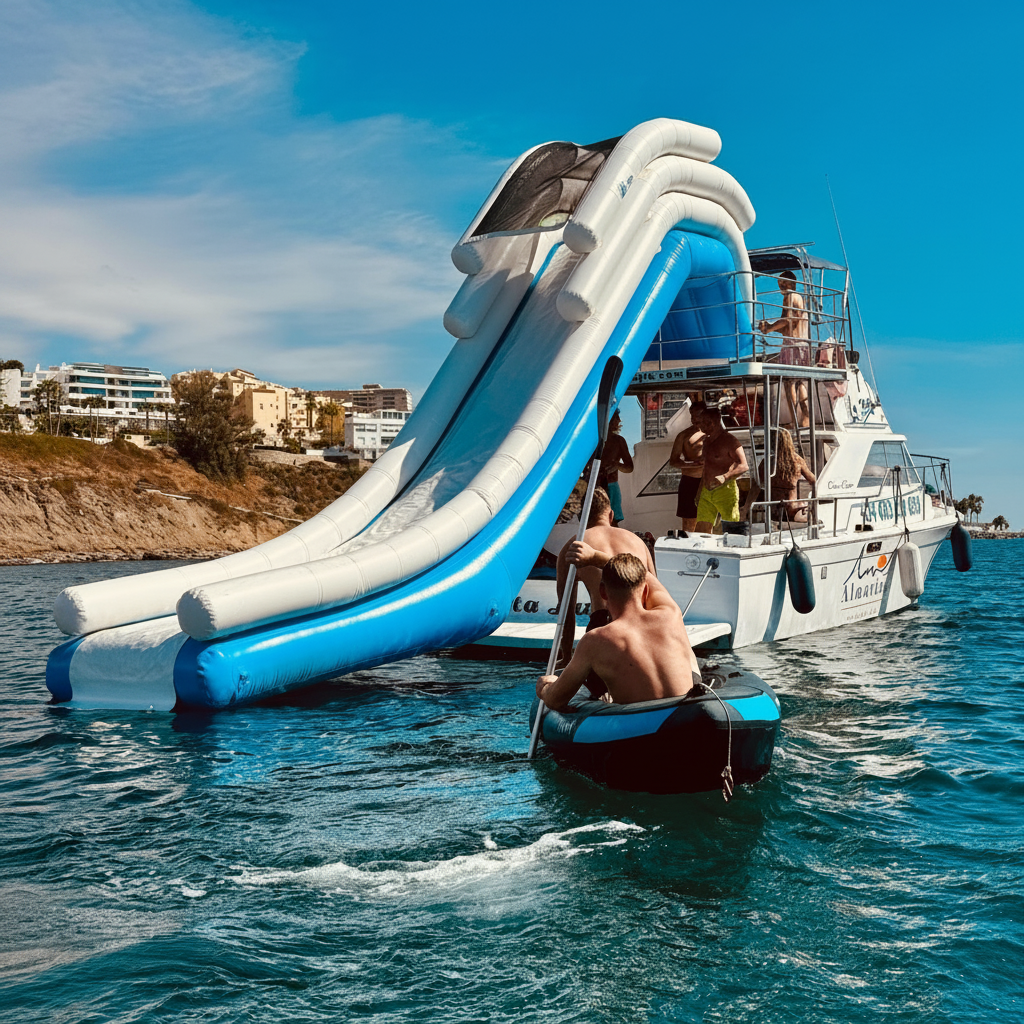 Eine Gruppe von Menschen genießt eine Bootsfahrt in Benalmádena mit einer XXL-Wasserrutsche und Kajakfahren von Emotions by Lu Benalmádena.