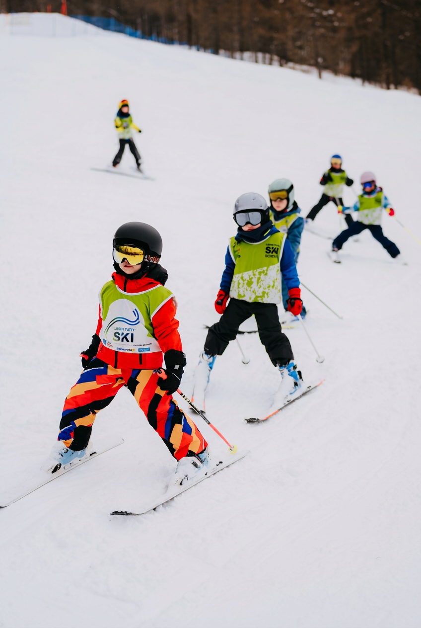 Des enfants vêtus de combinaisons de ski colorées et de casques glissent sur une pente enneigée lors de cours de ski pour enfants confirmés dispensés le week-end par l'école de ski Liberi Tutti.