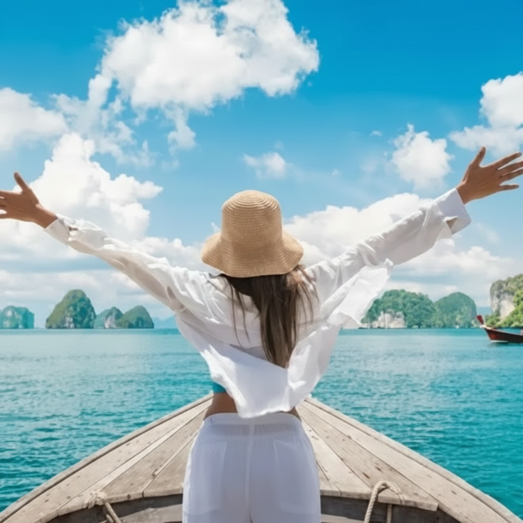 Woman enjoying a scenic boat trip through tropical islands A woman with her arms outstretched enjoys the scenic view from the bow of a boat during a boat trip from TEST to DEMO with GROUP.