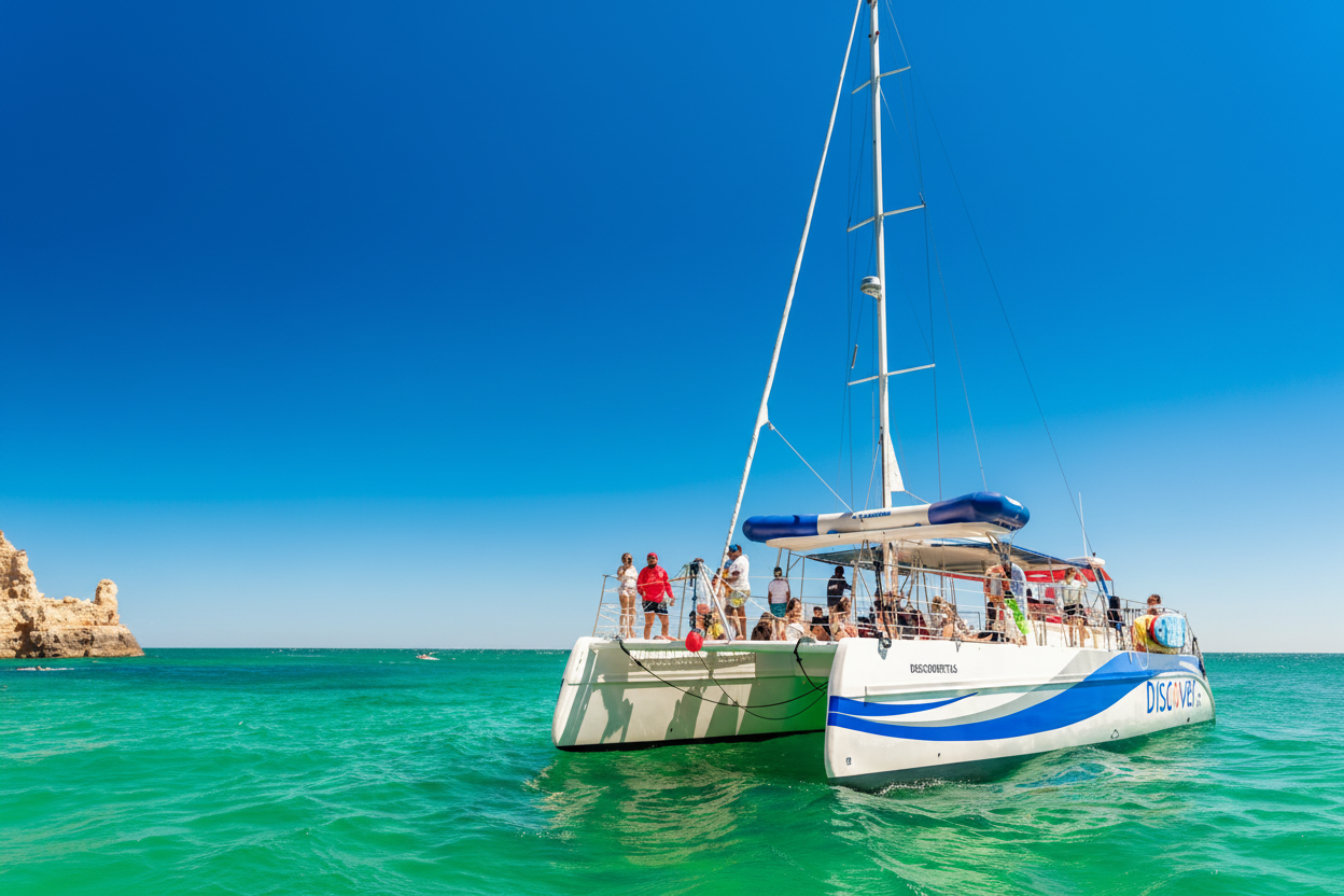Un grupo de personas disfruta de un soleado paseo en barco con barra libre a bordo de un catamarán de AlgarExperience durante el brunch en Lagos y la excursión a Ponta da Piedade.