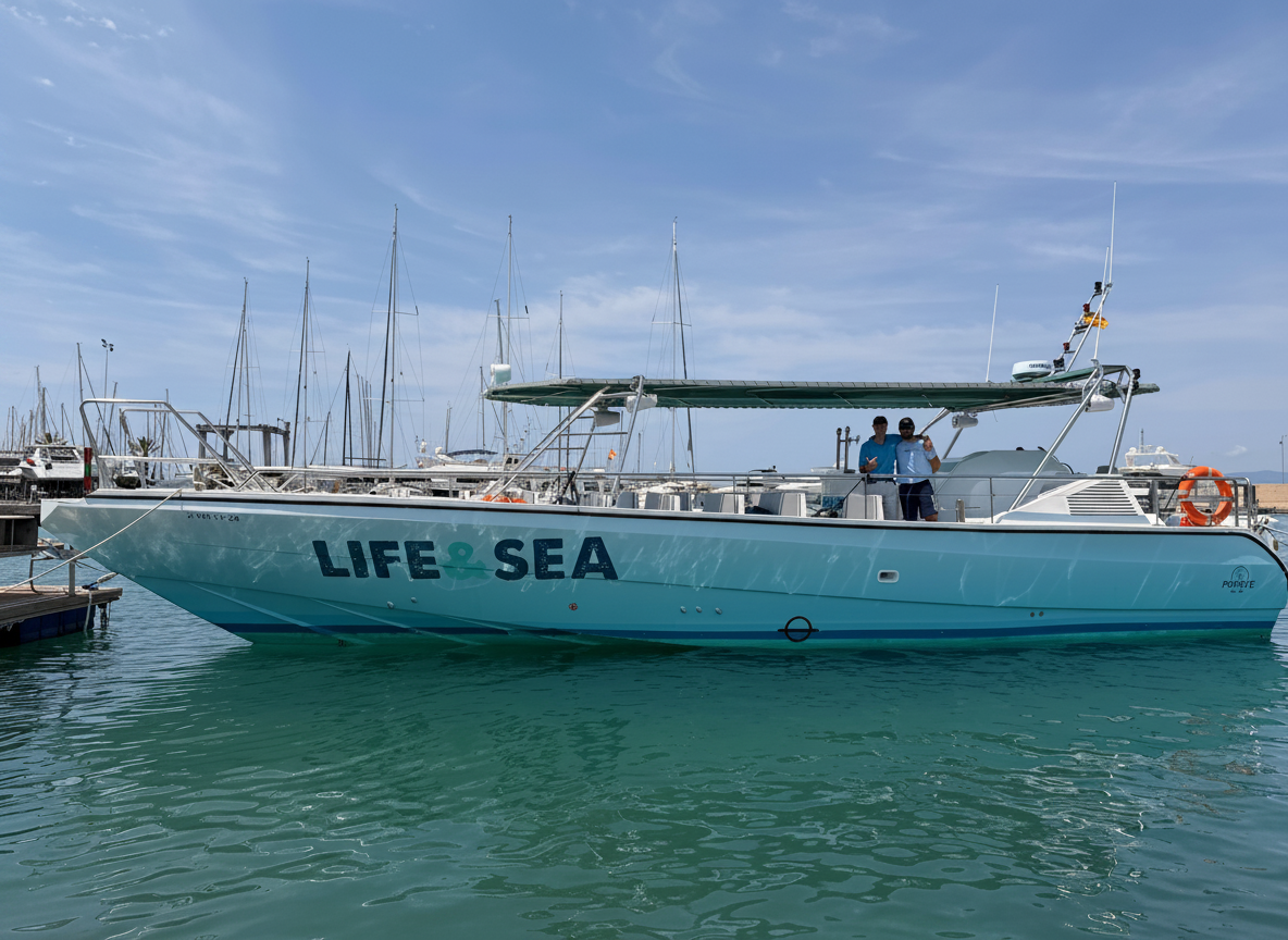 The AlgarExperience 'LIFE & SEA' boat with two crew members on board is docked in the Vilamoura marina, ready for a boat trip to the Benagil Caves.