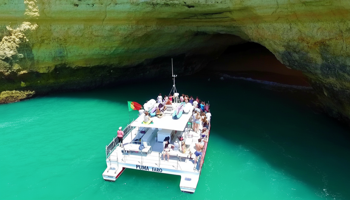 An AlgarExperience catamaran with tourists on a Vilamoura boat trip to the Benagil Caves, stops at the entrance of the cave.