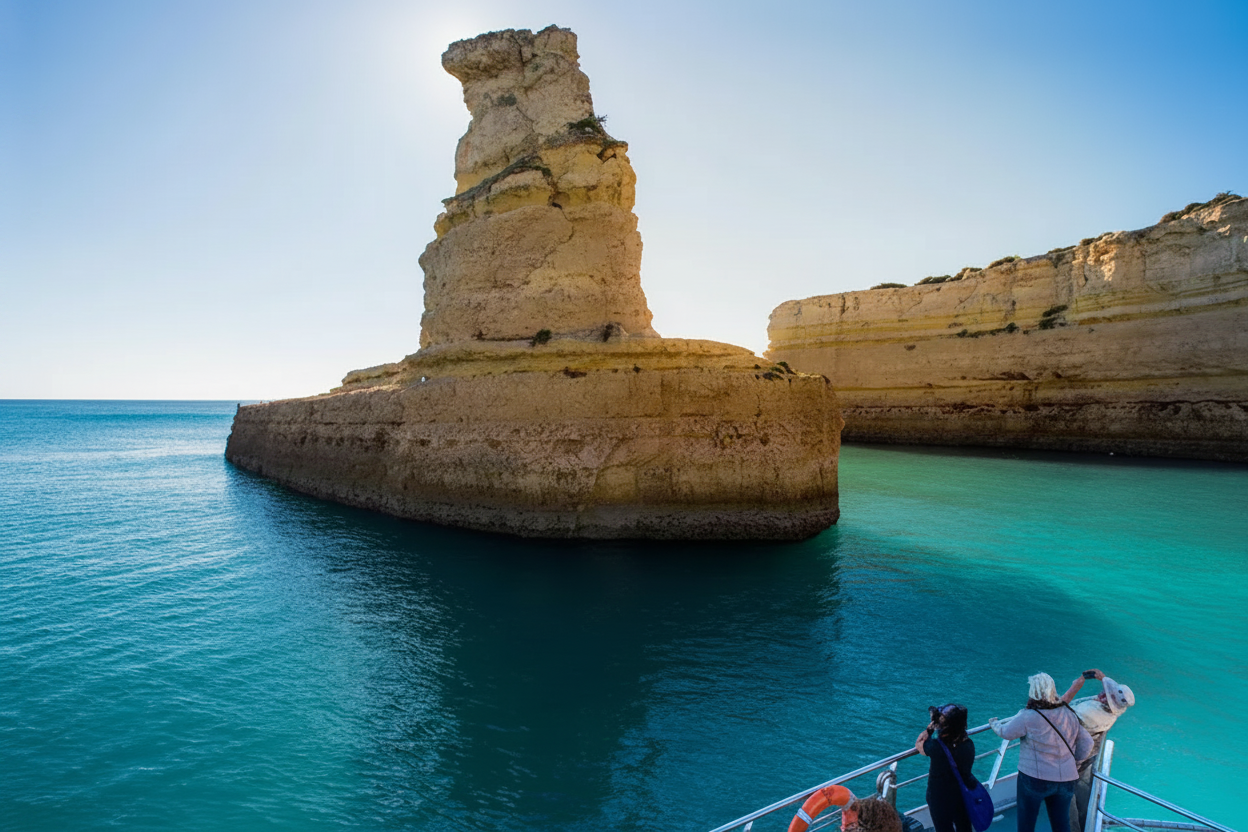 Tourists on the AlgarExperience catamaran photograph a massive rock formation rising from the turquoise sea during the Albufeira - Benagil Caves & Coastline Catamaran tour.