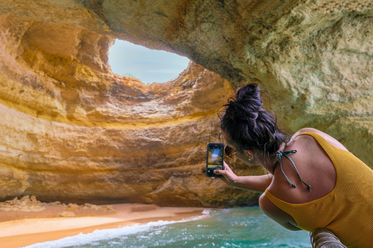 A woman in a yellow top takes a photo of the iconic Benagil Cave from a boat during an Albufeira - Benagil Caves & Coastline Catamaran tour with AlgarExperience.