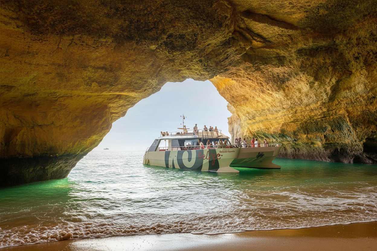 The AlgarExperience catamaran with tourists aboard is viewed from a sandy beach inside the Benagil Cave during an Albufeira - Benagil Caves & Coastline Catamaran tour.