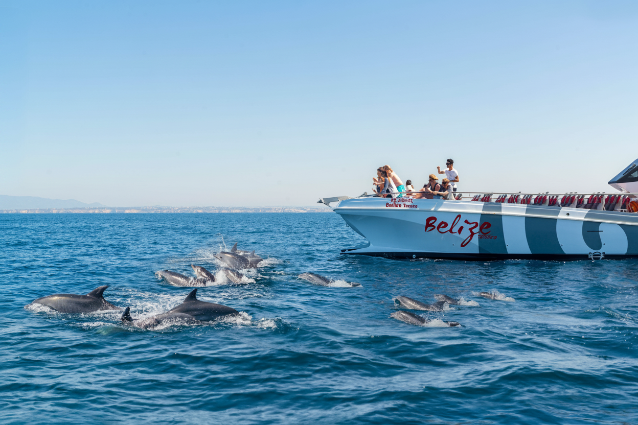 Un groupe en excursion en catamaran observe un banc de dauphins. Un banc de dauphins nage dans l'océan bleu aux côtés du catamaran AlgarExperience lors de l'excursion en catamaran Portimão : Dauphins et grottes de Benagil.