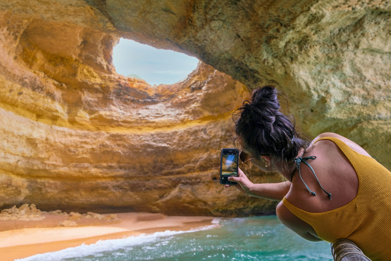 Woman photographing the Benagil sea cave from a boat A woman captures a photo of the breathtaking Benagil Caves with her phone while on the Portimão - Benagil Caves & Coastline tour by AlgarExperience.