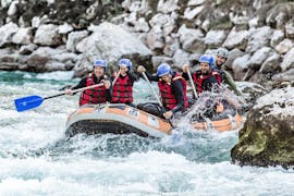 The participants of the Actionrafting with "Minirafts" - Saalach offered by Base Camp, are paddling through a rapid on Saalach river near Lofer.