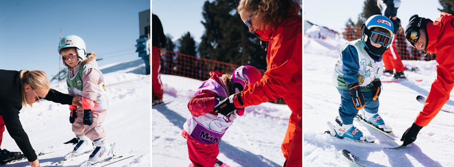 Images of children and their instructor during mini kids ski lessons with Neige Aventure.
