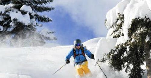 Private Off-Piste Skiing Lessons for Advanced Skiers from Ski School ESI First Tracks Courchevel A skier ventures off-piste during a private off-piste skiing lesson for advanced skiers with ESI First Tracks in Courchevel.