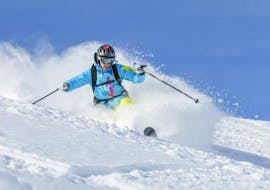 A man doing Private Off-Piste Skiing Lessons for Experienced Skiers with Evolution 2 La Clusaz. 