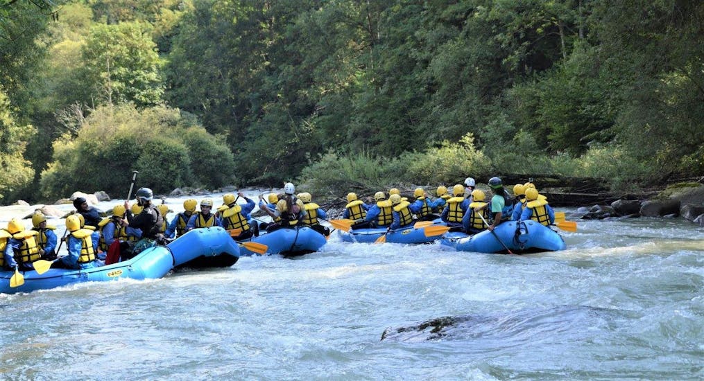 Some Rafts are going down the river Noce during the activity Rafting for Families on the river Noce organized by X Raft Val di Sole.