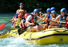 Participants rafting down the Sava River during a rafting activity in Bled with  Fun Turist Bled,
