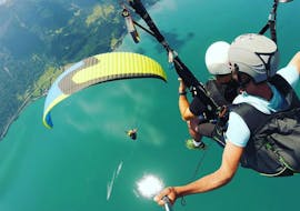 Een tandempiloot en zijn passagier vliegen over het turquoise meer van Thun tijdens de Tandem Paragliding "The Sensational" in Interlaken met Twin Paragliding.