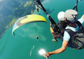 Tandem Gleitschirmflug in Interlaken - The Sensational mit Twin Paragliding Ein Tandempilot und sein Passagier fliegen beim Tandem Paragliding "The Sensational" in Interlaken mit Twin Paragliding über den türkisen Thunersee.