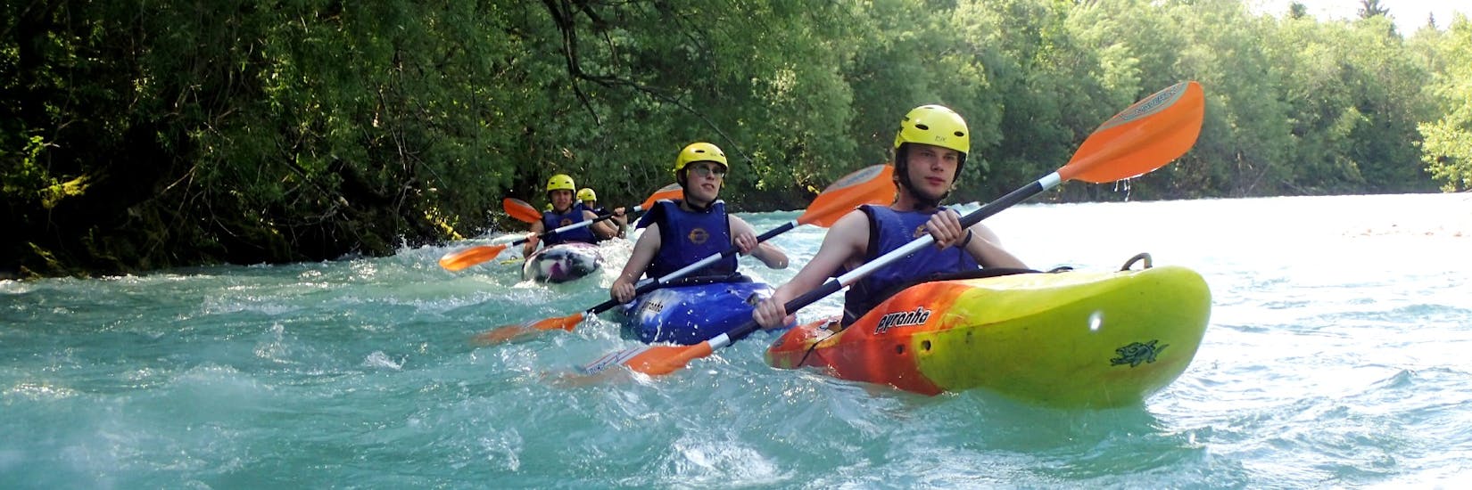 A group while Kayaking on the Sava River from Bled with TinaRaft Radovljica.