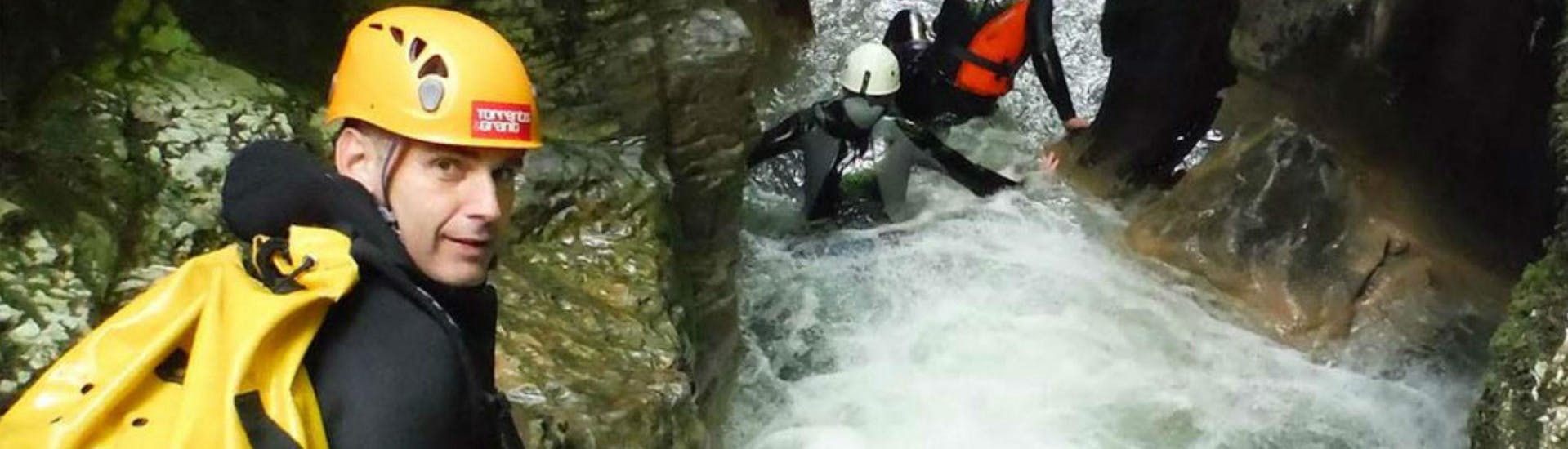 People are taking a natural slide during their Discovery Canyoning in Chassezac Canyon with Torrents & Granit.