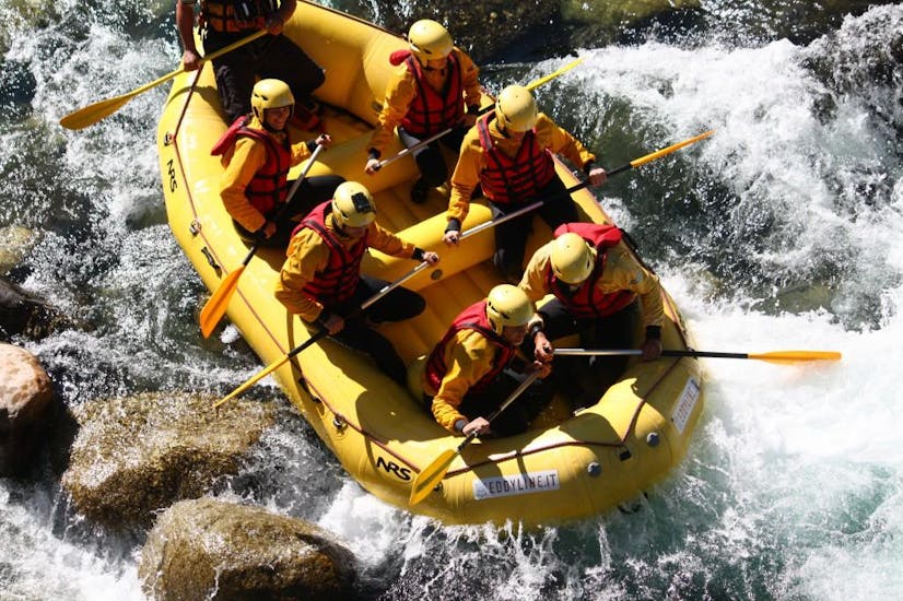 Le persone remano insieme per andare avanti durante il Rafting sul fiume Sesia - Gorge Tour con Eddyline - The River Experience Valsesia.