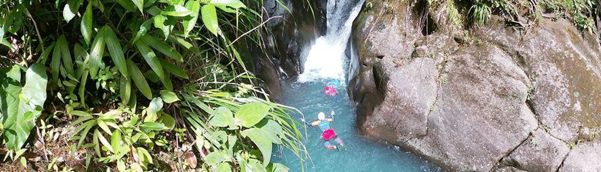 Une personne est en train de nager pendant son Canyoning dans le Vauchelet - Tropical Plus avec Vert Intense.