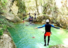 A brave participant jumping from a rock during the canyoning classic on the Aniene River with Vivere l'Aniene.