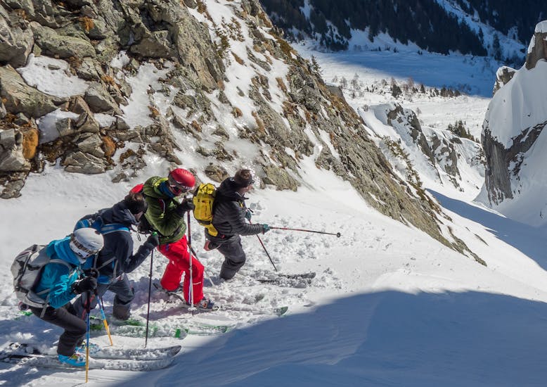 People exploring during a Private Off-Piste Skiing Lesson for Advanced Skiers in Chamonix.