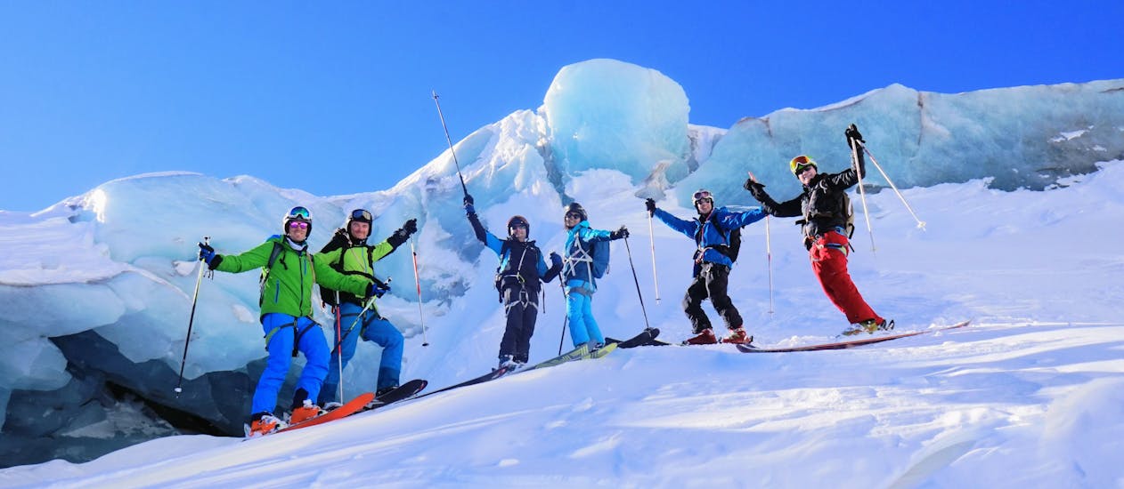 Group of skiers having fun during their Private Ski Guide in "Vallée Blanche".