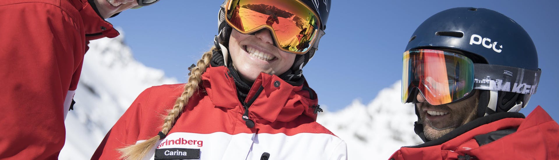 Snowboarding Lessons (from 8 y.) for First Timers from Skischule Stubai Tirol Three skiers smiling during their Snowboarding Lessons (from 8 y.) for First Timers from Skischule Stubai Tirol.